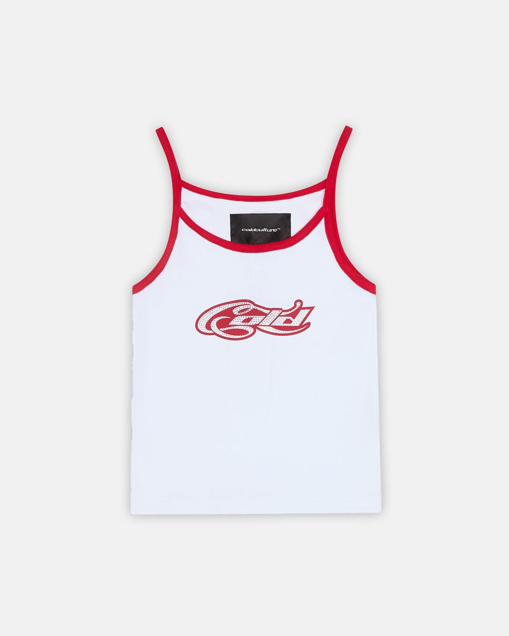 CROP TOP DE STRASS RIZADO FRÍO BLANCO Y ROJO