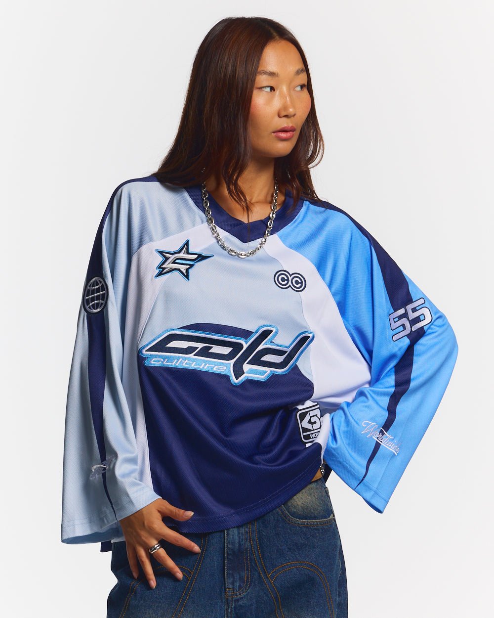 CAMISETA DE HOCKEY PLAYER MANGA LARGA AZUL MARINO/CELESTE BRILLO