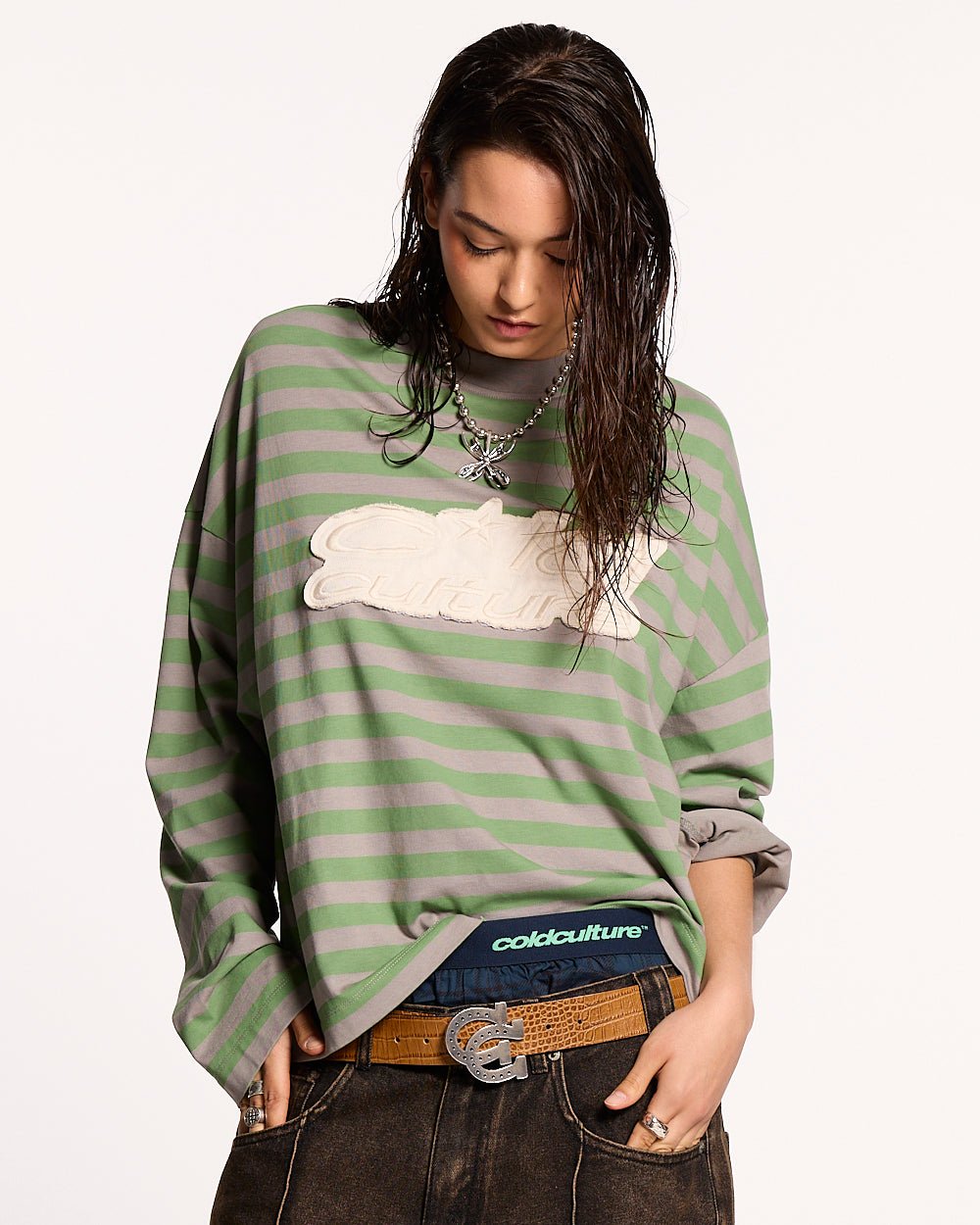 PARDON ME CAMISETA LARGA VERDE Y GRIS