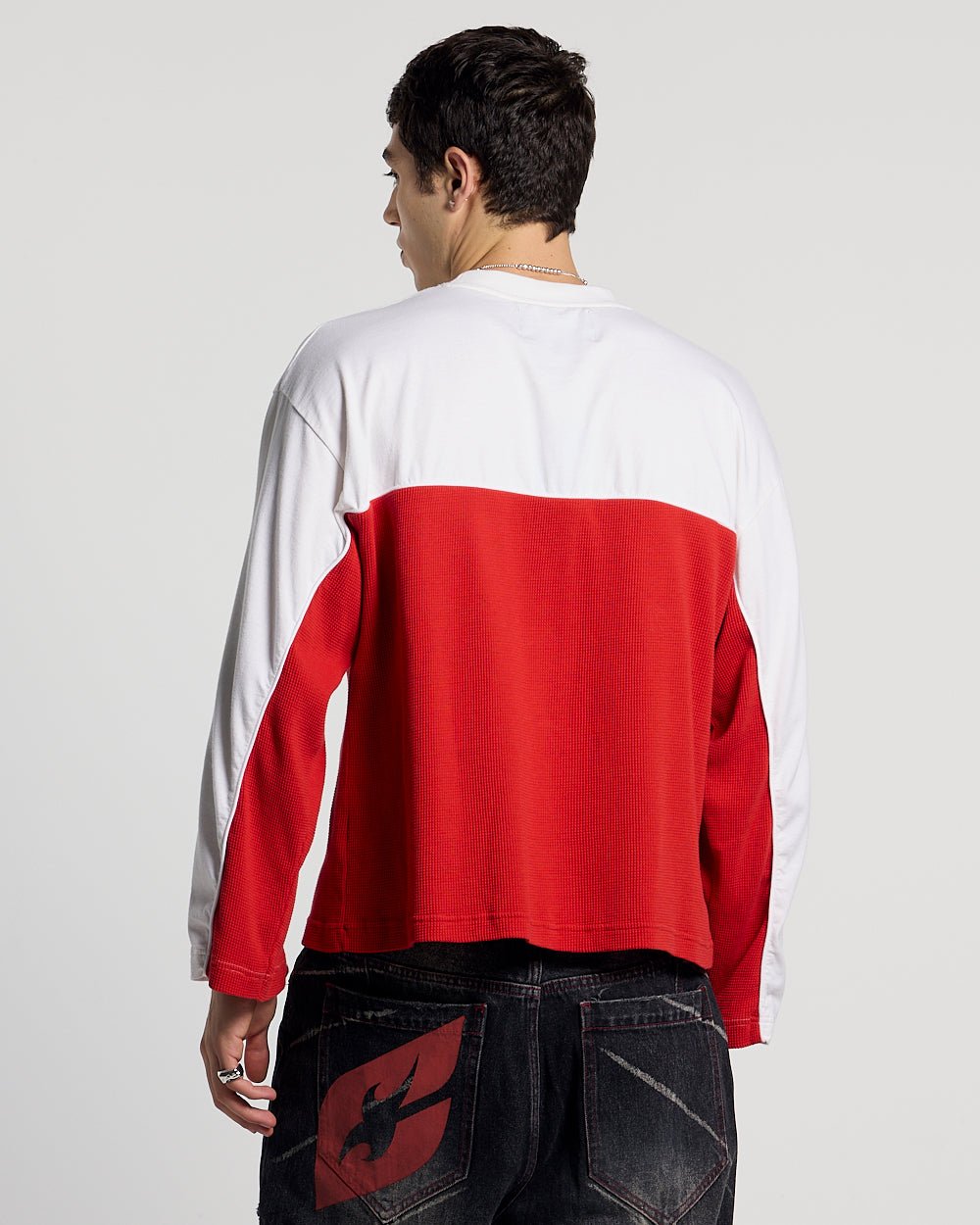CAMISETA LARGA BICOLOR DE MALLA ROJO Y BLANCO